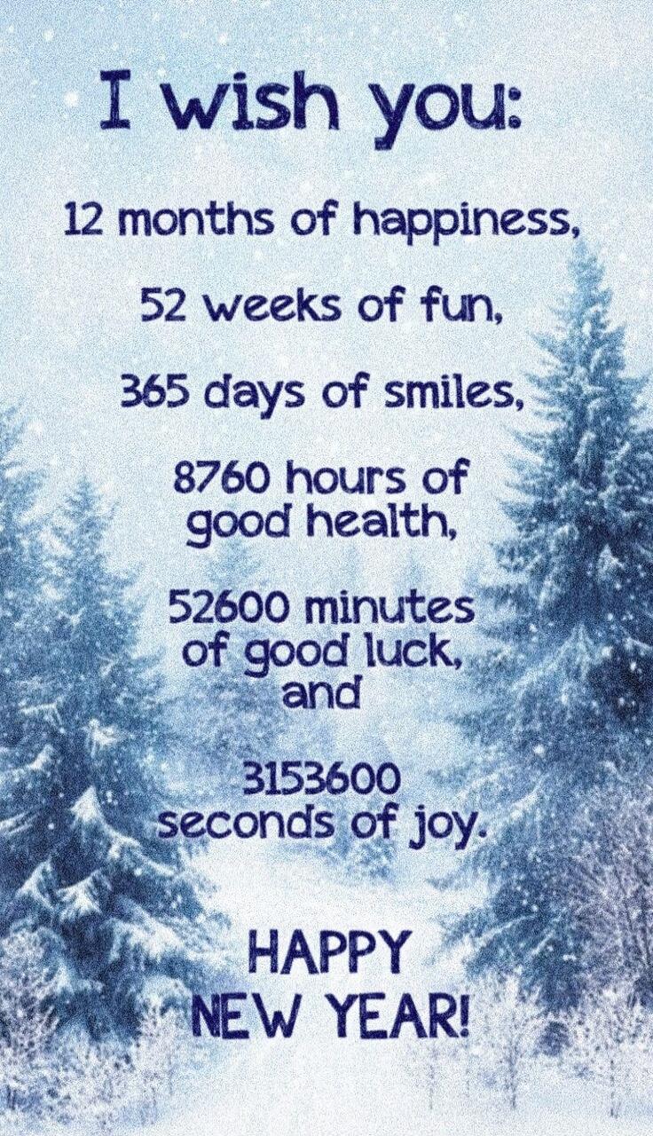 I wish you: 12 months of happiness, 52 weeks of fun, 365 days of smiles, 8760 hours of good health, 52600 minutes of good luck, and 3153600 seconds of joy. HAPPY NEW YEAR!