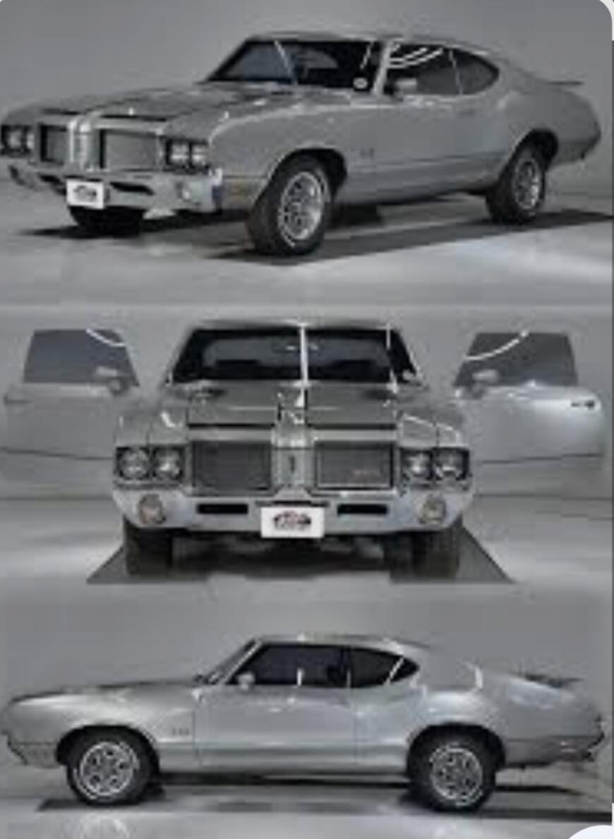 Silver classic car shown from multiple angles (front, side, and rear views) with doors open.
