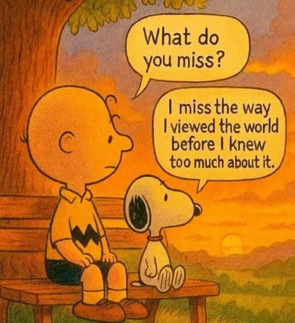 What do you miss? I miss the way I viewed the world before I knew too much about it.