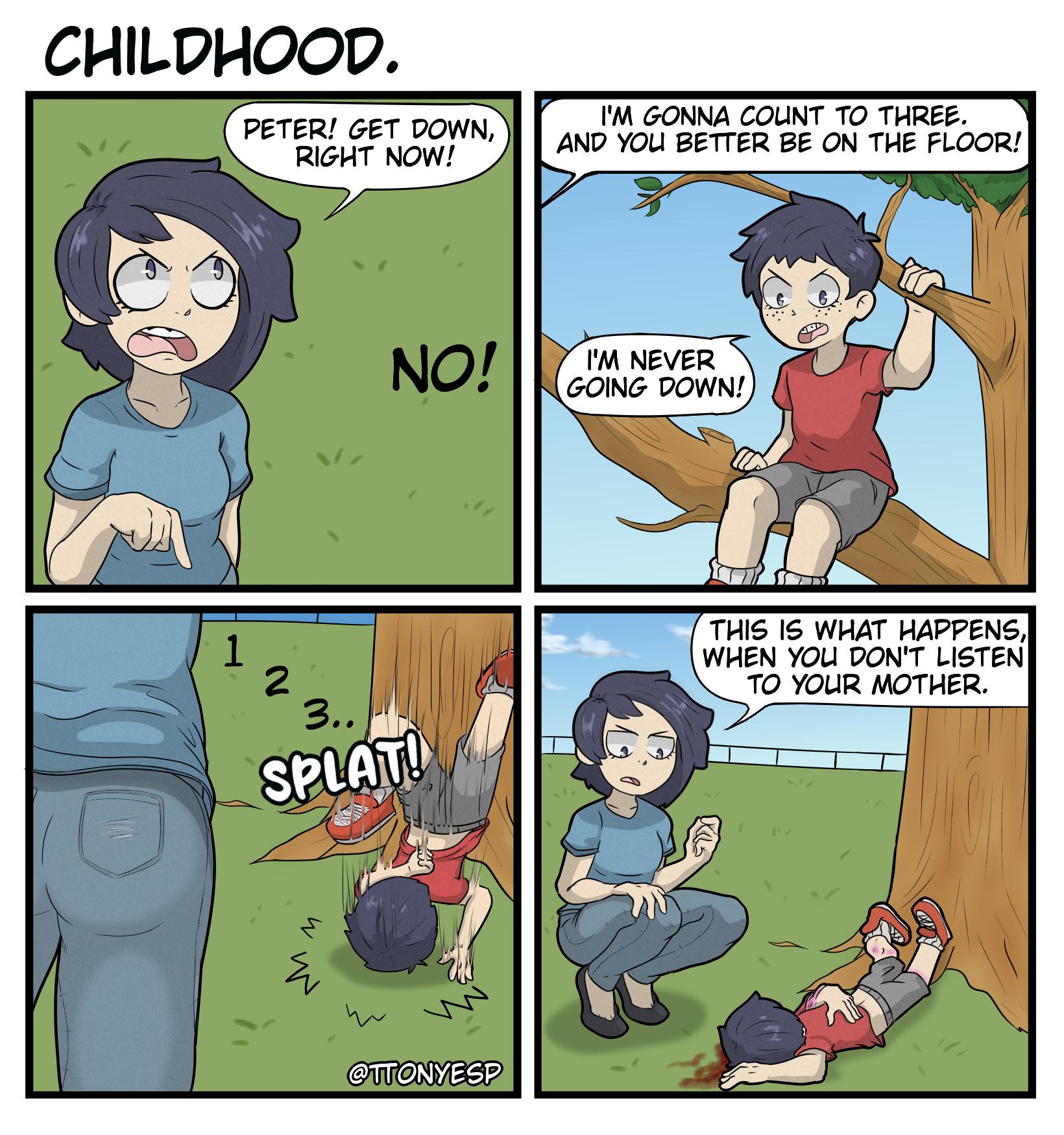 CHILDHOOD _ n T GONNA COUNT 0 THREE PETER GET M Ao YoU BETTER BE ON THE FLOOR RIGHT NOW THIS 15 WHAT HAPPENG WHEN YOU DONT LISTEN TO YOUR MOTHER i i