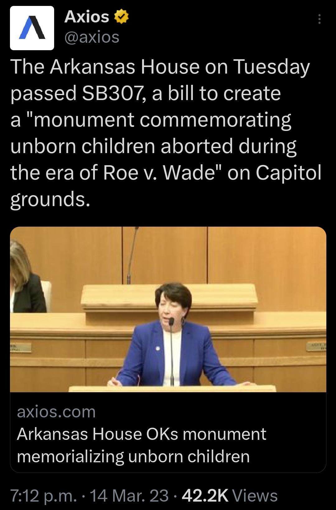 The Arkansas House on Tuesday passed SB307 a bill to create a monument commemorating VlaoTelgaNelalilelTalY o oY g Yo Re Vl S the era of Roe v Wade on Capitol grounds ENERelel Arkansas House OKs monument memorializing unborn children N PR N1 R V8 V TR QYIS