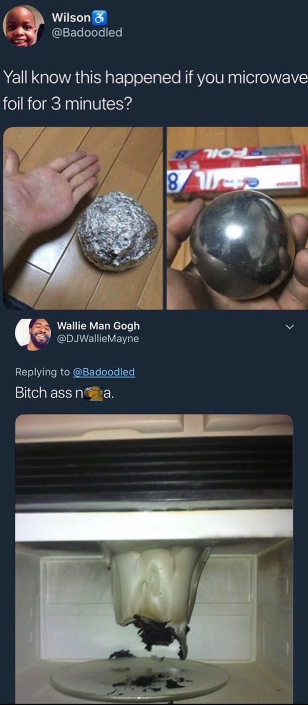 Wilson o R Yall know this happened if you microwave foil for 3 minutes Wallie Man Gogh v ARG PR EIEVEVATES Replying to Badoodled Bitch ass nia
