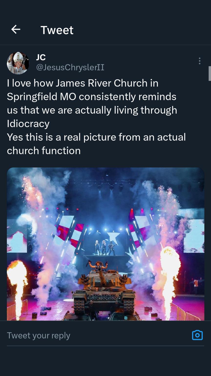 Tweet ic JesusChryslerIT I love how James River Church in Springfield MO consistently reminds VER Y SR Rt VY VA TV TR R T e V1 Idiocracy Yes this is a real picture from an actual church function Tweet your reply