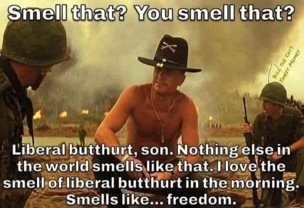 Smell that? You smell that? Liberal butthurt, son. Nothing else in the world smells like that. I love the smell of liberal butthurt in the morning. Smells like... freedom.