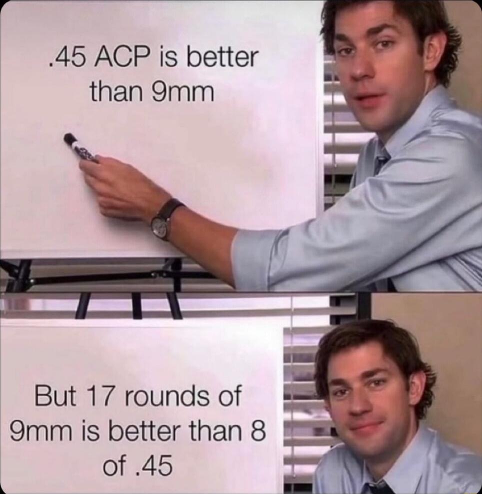 45 ACP is better than 9mm But 17 rounds of 9mm is better than 8 of 45 b