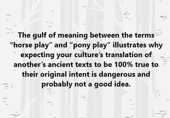 The gulf of meaning between the terms horse play and pony play illustrates why expecting your cultures translation of anothers ancient texts to be 100 true to their original intent is dangerous and probably not a good idea