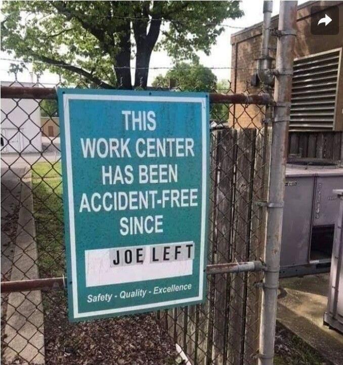 THIS WORK CENTER HAS BEEN ACCIDENT-FREE SINCE JOE LEFT Safety - Quality - Excellence
