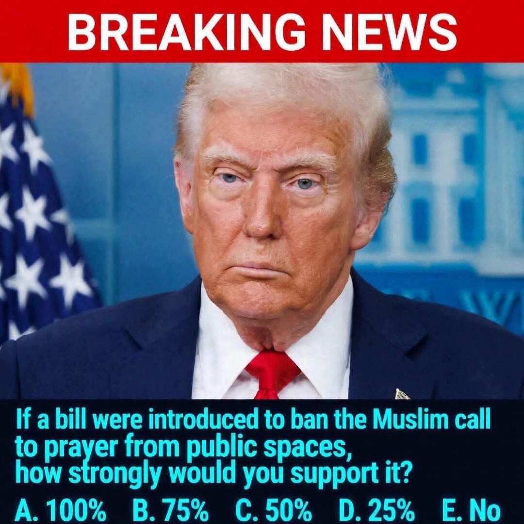 BREAKING NEWS If a bill were introduced to ban the Muslim call to prayer from public spaces, how strongly would you support it? A. 100% B. 75% C. 50% D. 25% E. No