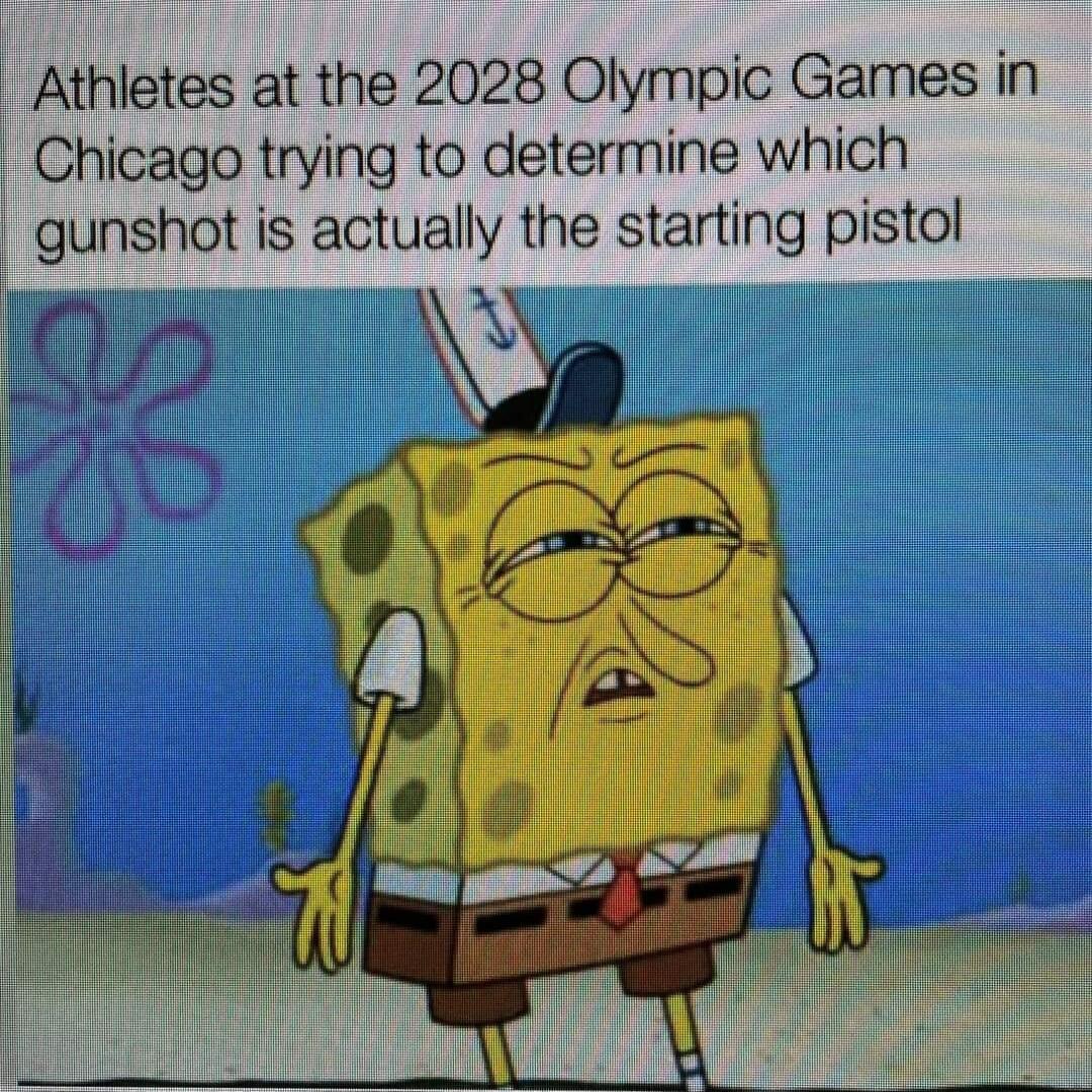 Athletes at the 2028 Olympic Games in Chicago trying to determine which gunshot is actually the starting pistol