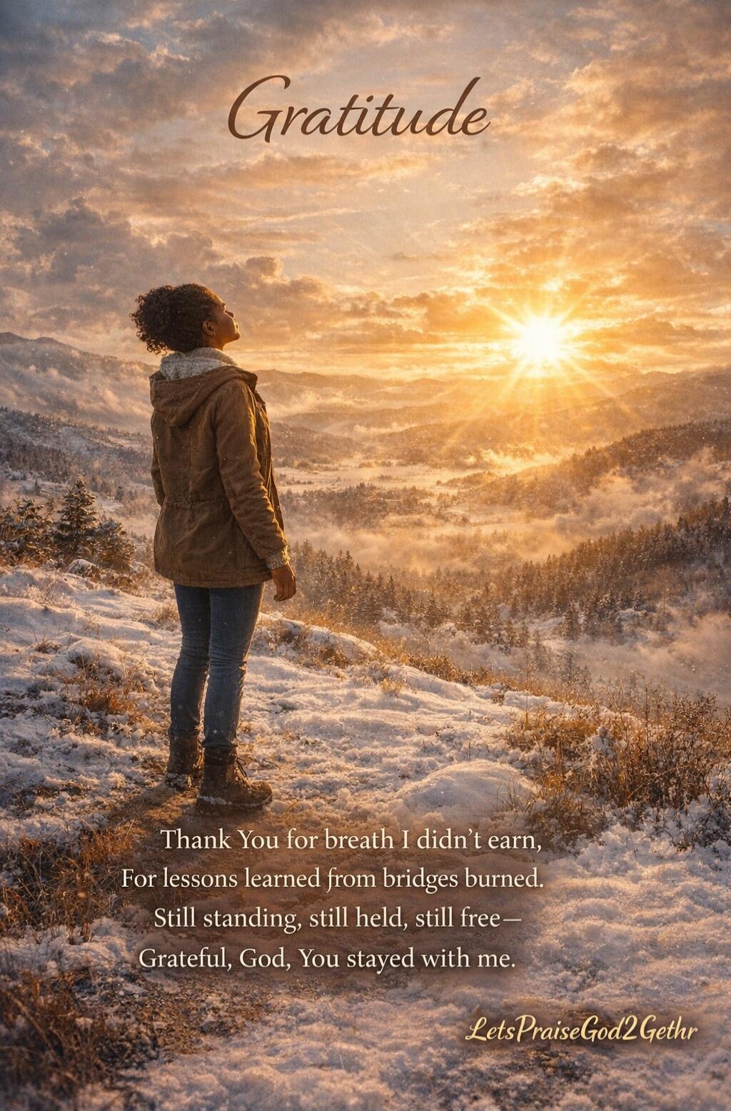 Gratitude
Thank You for breath I didn't earn, For lessons learned from bridges burned, Still standing, still held, still free— Grateful, God, You stayed with me.
LetsPraiseGod2Gether