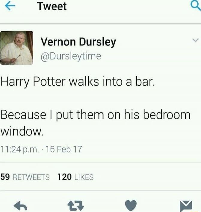 Harry Potter walks into a bar.\nBecause I put them on his bedroom window.