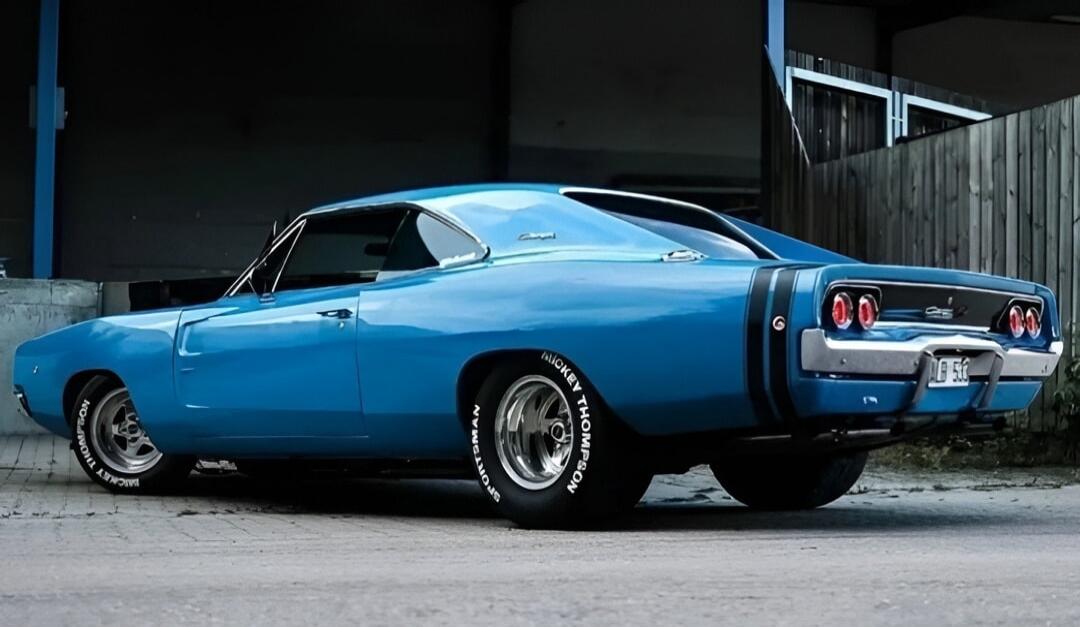 Blue classic muscle car parked on pavement.