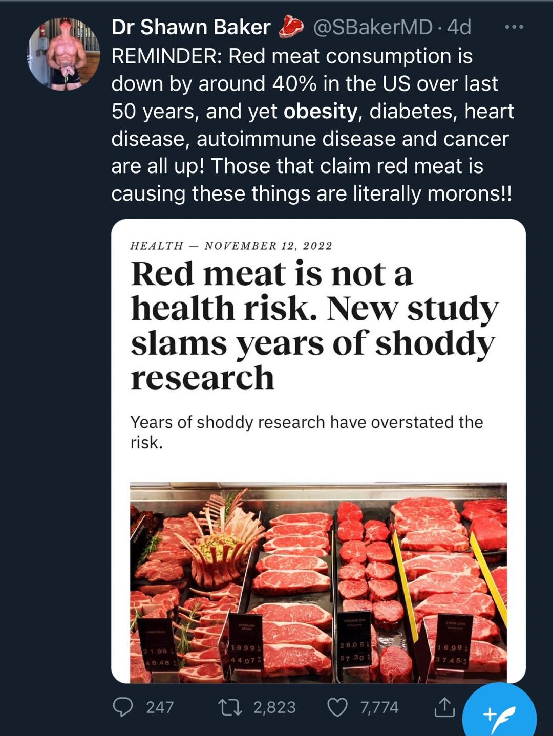 Dr Shawn Baker 2 kerMD 4d REMINDER Red meat consumption is down by around 40 in the US over last 50 years and yet obesity diabetes heart disease autoimmune disease and cancer are all up Those that claim red meat is causing these things are literally morons Red meat is not a health risk New study slams years of shoddy research Years of shoddy research have overstated the