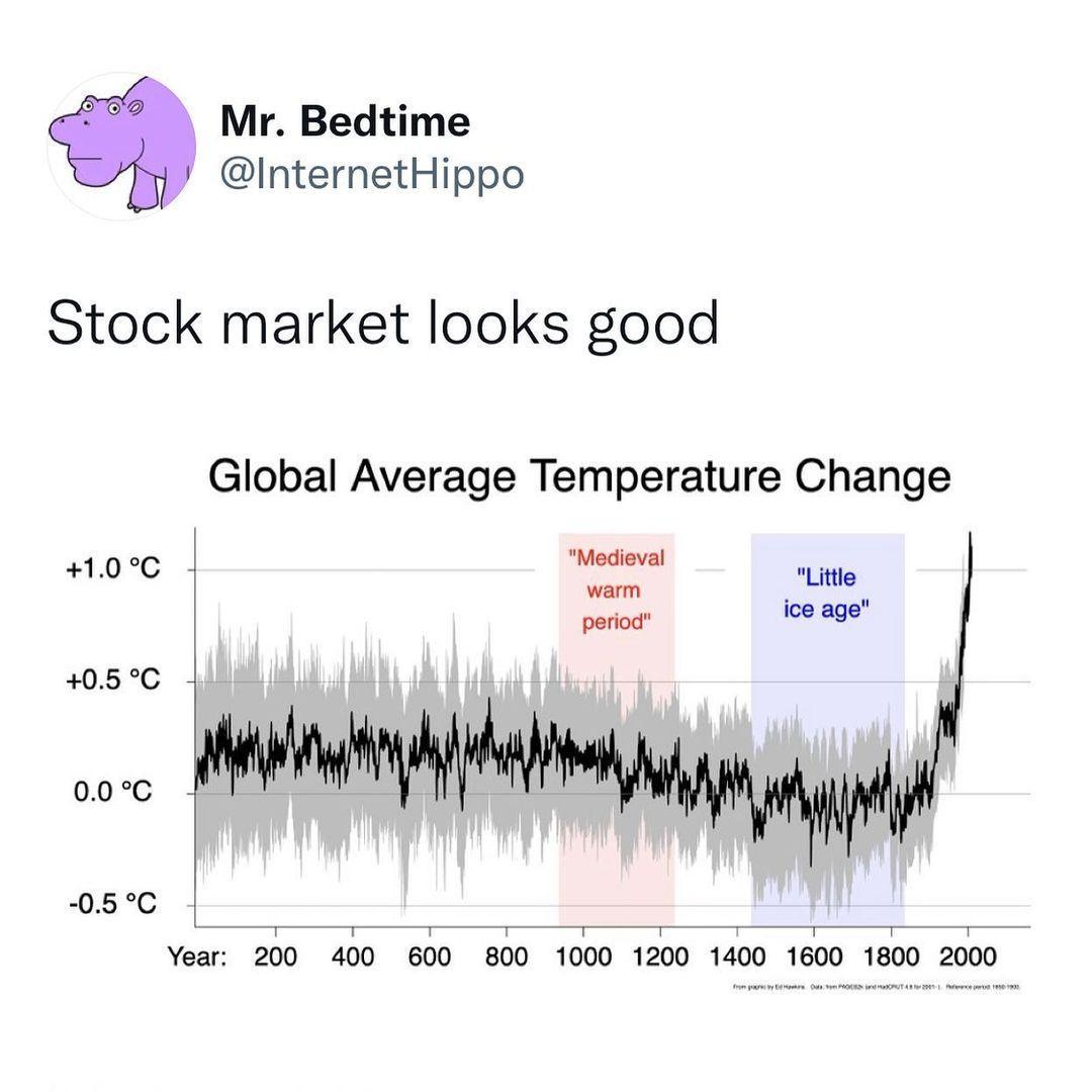 Mr Bedtime InternetHippo Stock market looks good Global Average Temperature Change 10C T o s oo e 105C 00c 0sC Year 200 400 600 800 1000 1200 1400 1600 1800 2000