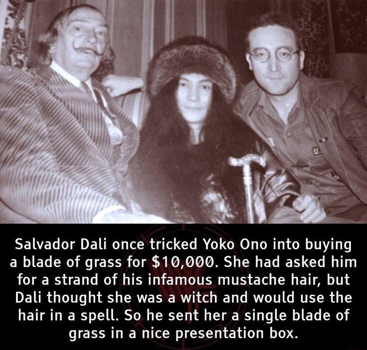 Salvador Dali once tricked Yoko Ono into buying a blade of grass for 10000 She had asked him LCIEERS CTi L R L TERT ET DITER IS 1 CRL ETT A TS DETRG U TS ERVE R RV do T R TT G RTEL R o 1 hair in a spell So he sent her a single blade of grass in a nice presentation box