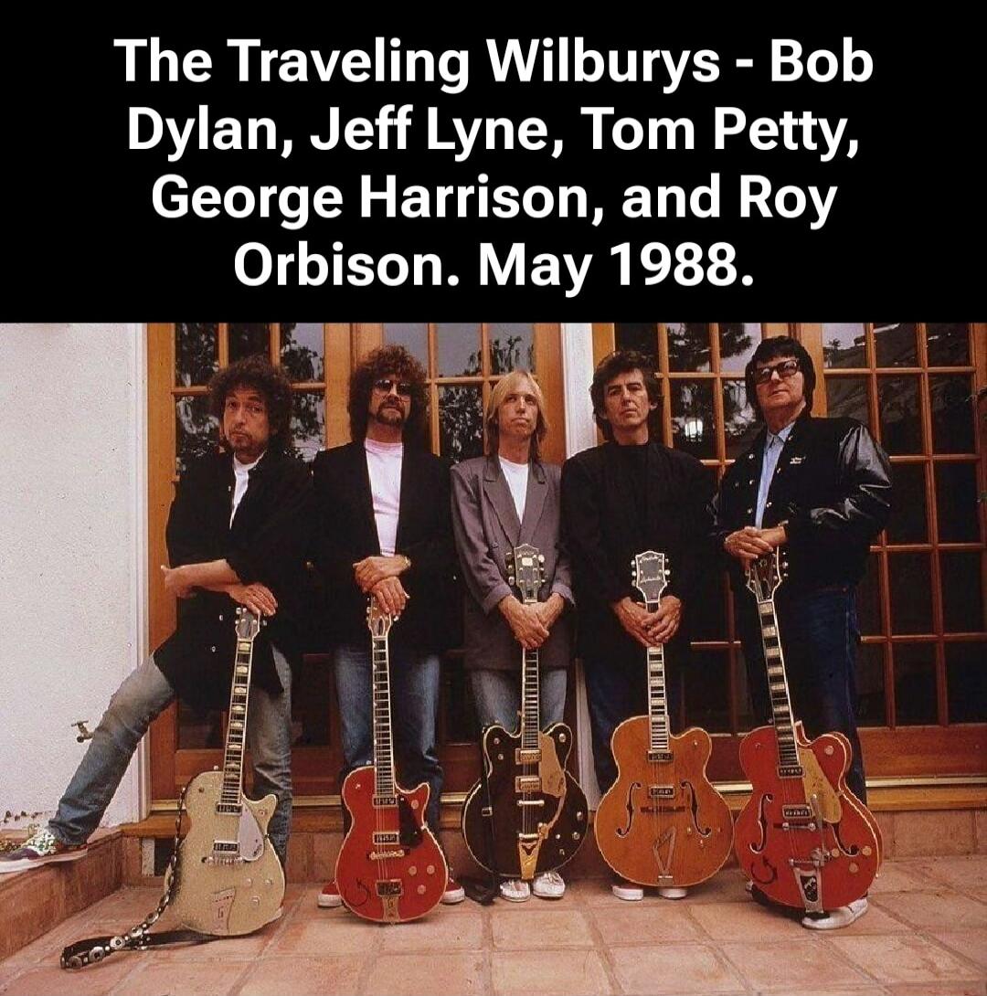 The Traveling Wilburys - Bob Dylan, Jeff Lynne, Tom Petty, George Harrison, and Roy Orbison. May 1988.