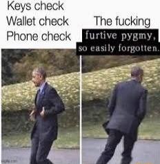 Keys check Wallet check Phone check The fucking furtive pygmy, so easily forgotten.