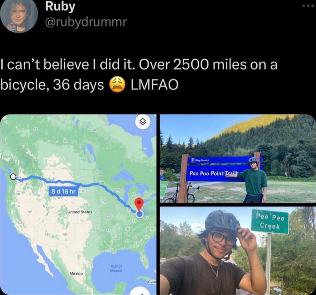 o cant believe did it Over 2500 miles on a bicycle 36 days LMFAO