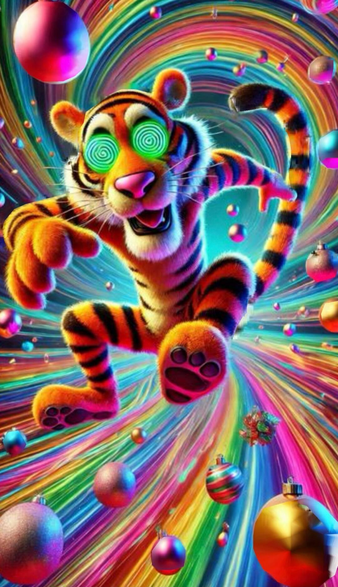 Colorful psychedelic cartoon tiger with swirly green eyes, set against a rainbow spiraling background.