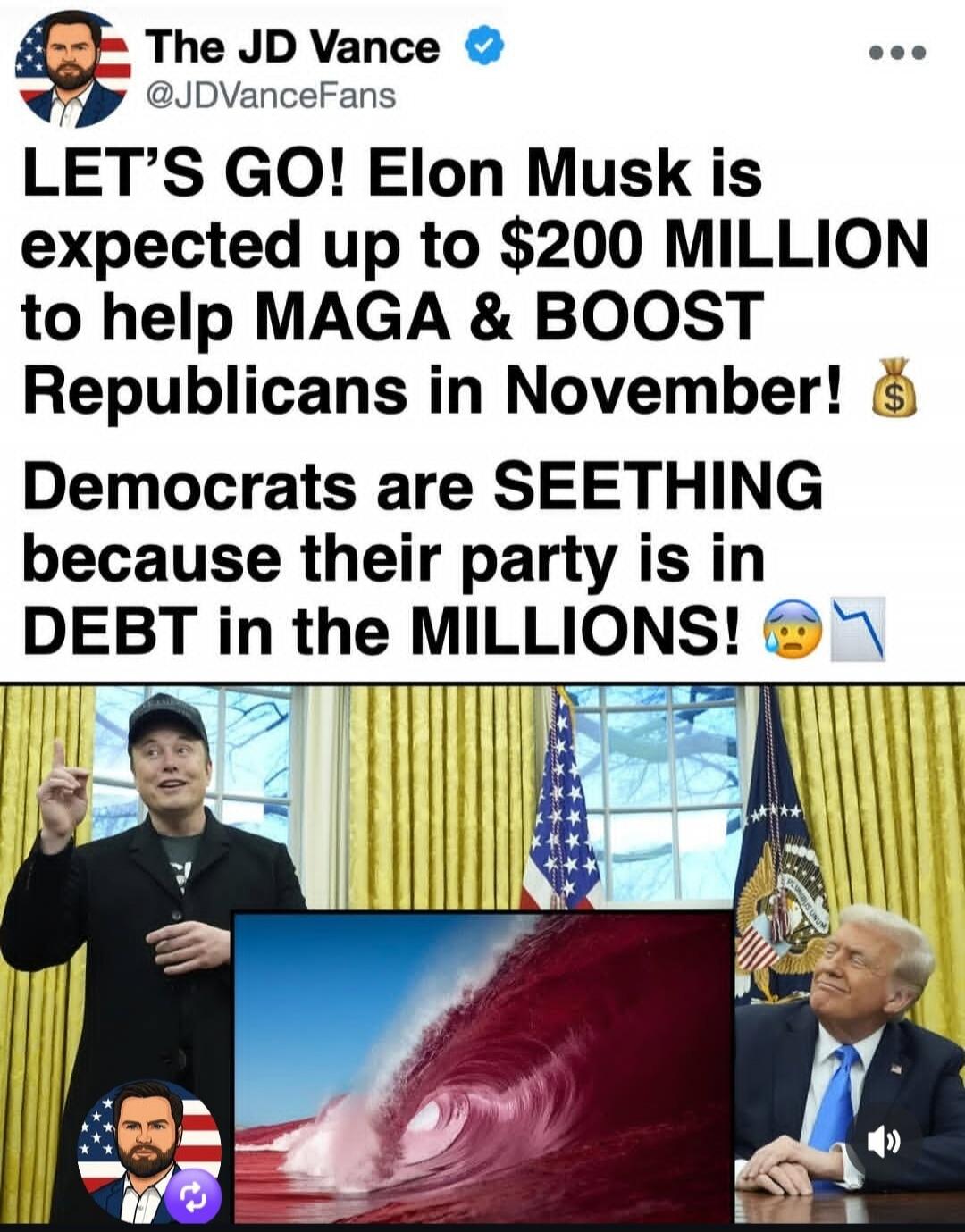 LET'S GO! Elon Musk is expected up to $200 MILLION to help MAGA & BOOST Republicans in November! 💰 Democrats are SEETHING because their party is in DEBT in the MILLIONS! 😩📉