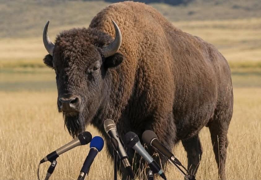 A bison stands in a field with several microphones in front of it, as if giving a press conference.