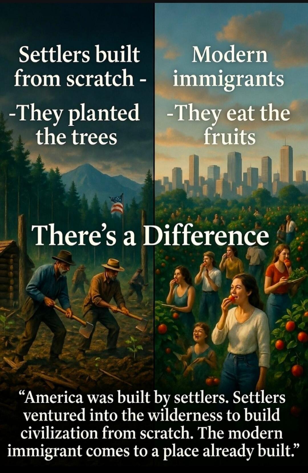 Settlers built from scratch - They planted the trees. Modern immigrants - They eat the fruits. There's a Difference. America was built by settlers. Settlers ventured into the wilderness to build civilization from scratch. The modern immigrant comes to a place already built.