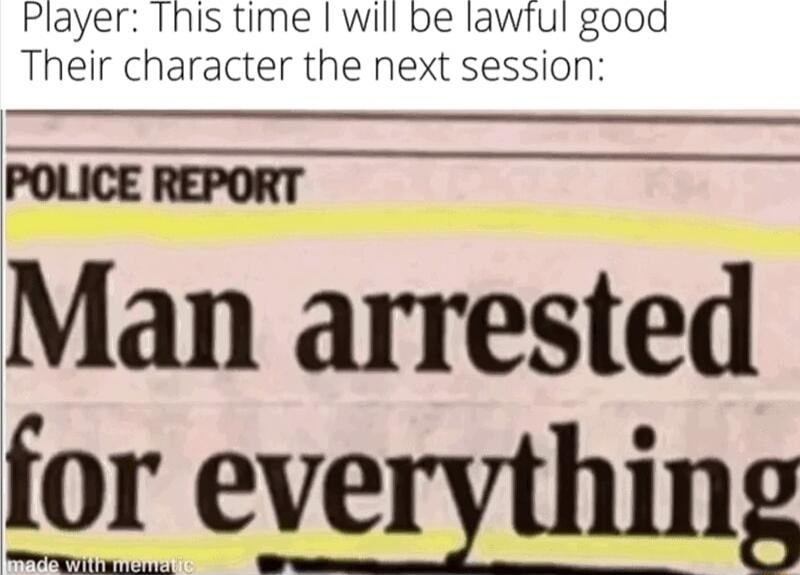 Player This time will be lawtul good Their character the next session POLICE REPORT an arrested for everything