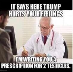 IT SAYS HERE TRUMP HURTS YOUR FEELINGS
I'M WRITING YOU A PRESCRIPTION FOR 2 TESTICLES.