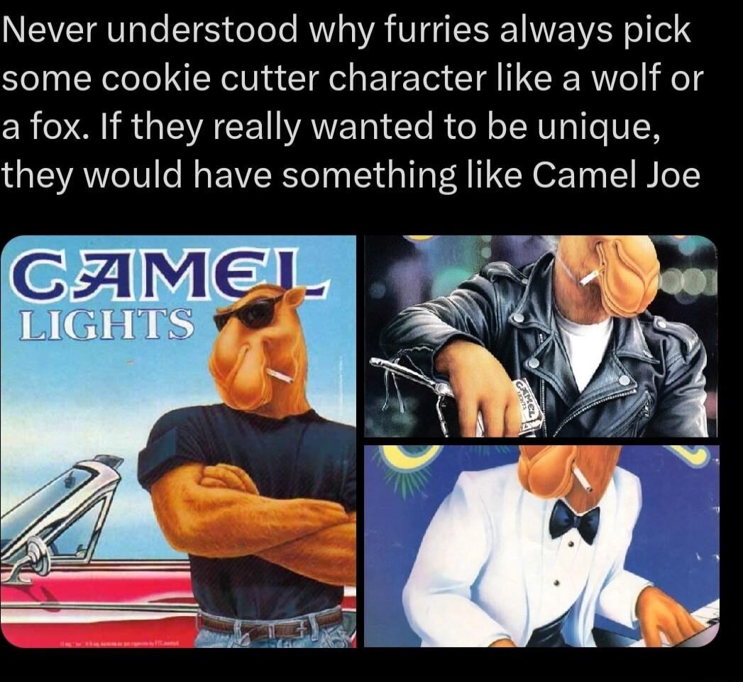 Never understood why furries always pick some cookie cutter character like a wolf or a fox If they really wanted to be unique they would have something like Camel Joe