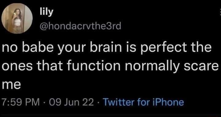 lily hondacrvthe3rd no babe your brain is perfect the T R o Y el dfeTa WaTo 1 da EYIACTOET me 759 PM 09 Jun 22 Twitter for iPhone