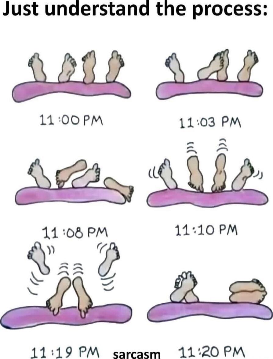 Just understand the process:
11:00 PM
11:03 PM
11:08 PM
11:10 PM
11:19 PM
sarcasm
11:20 PM