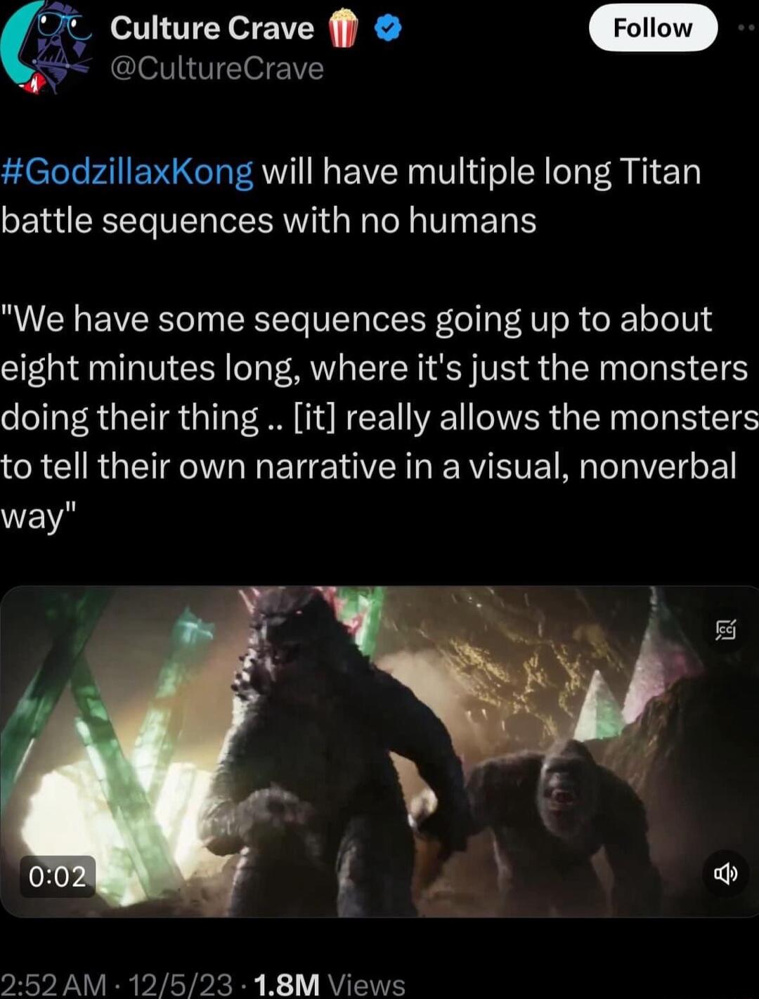 K Culture Crave f 4 CultureCrave GodzillaxKong will have multiple long Titan battle sequences with no humans We have some sequences going up to about eight minutes long where its just the monsters doing their thing it really allows the monsters to tell their own narrative in a visual nonverbal Ryl Y BRI R KT R