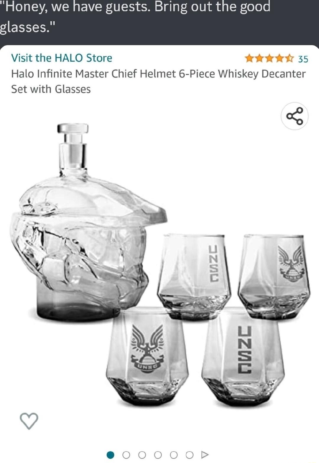 ney we have guests Bring out the good ESE Visit the HALO Store FA ket 35 Halo Infinite Master Chief Helmet 6 Piece Whiskey Decanter Set with Glasses