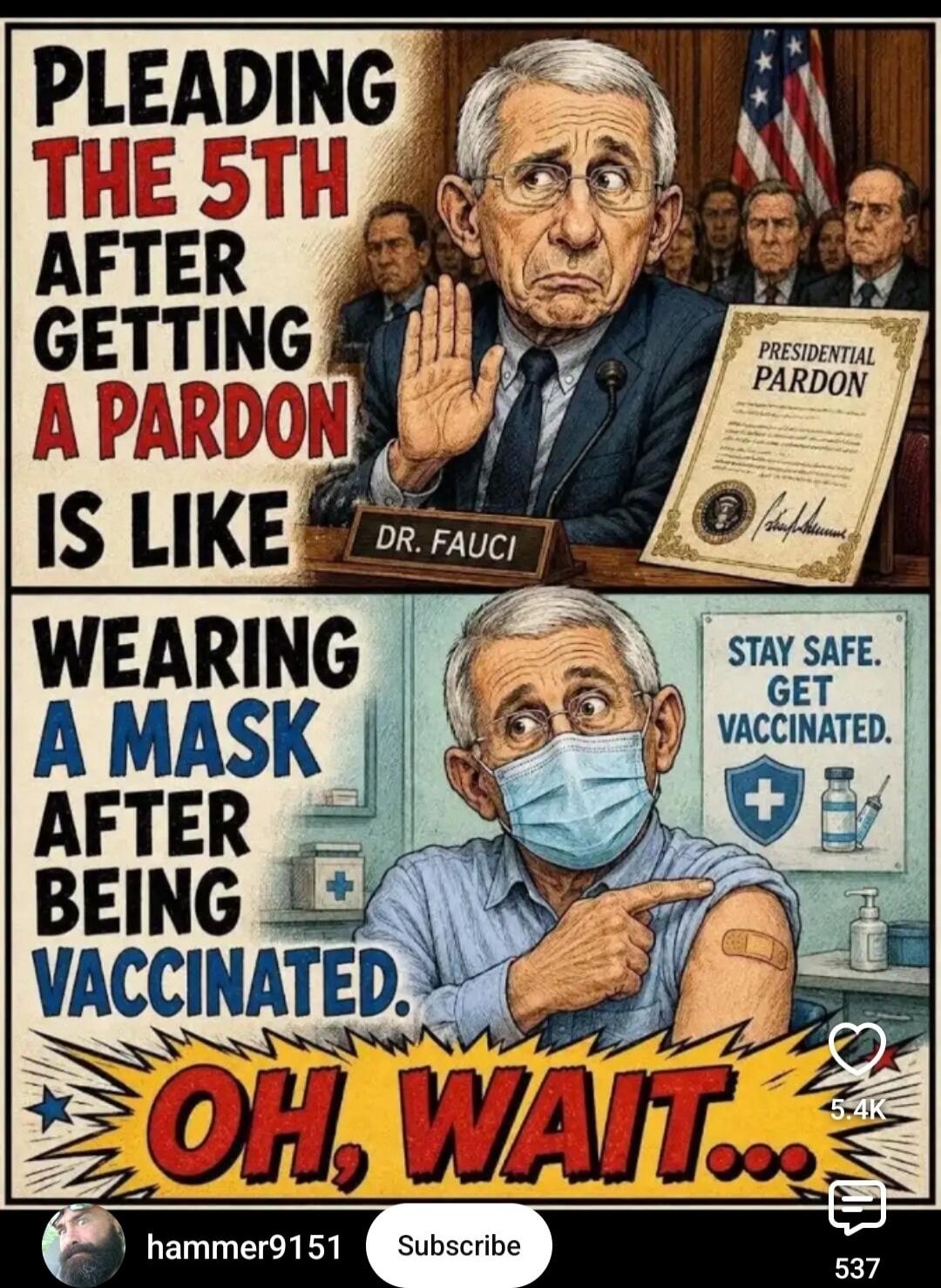 PLEADING THE 5TH AFTER GETTING A PARDON IS LIKE WEARING A MASK AFTER BEING VACCINATED. DR. FAUCI. PRESIDENTIAL PARDON. STAY SAFE. GET VACCINATED. OH, WAIT...