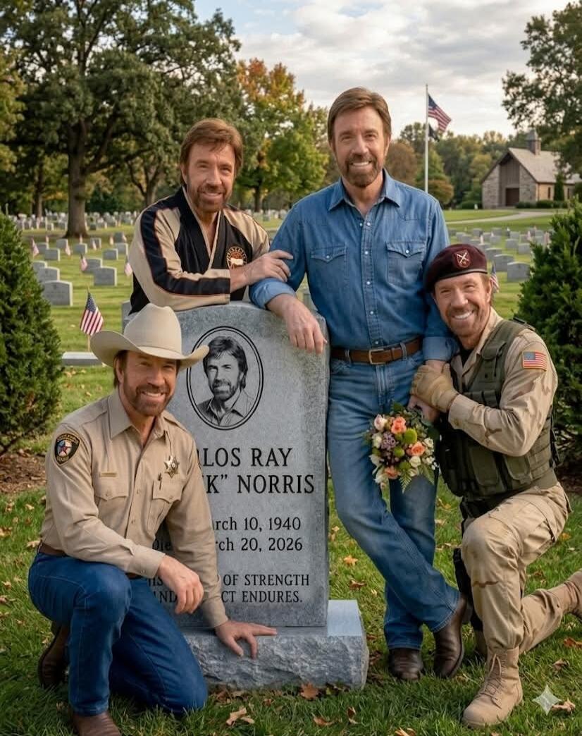 Four versions of Chuck Norris, representing different eras or characters, pose around a tombstone in a cemetery. The tombstone reads 'LOS RAY 