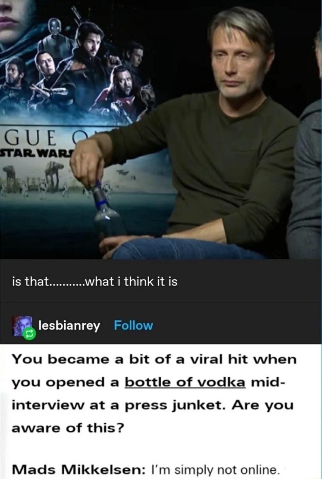 ERGES LEYSRGILT 85 lesbianrey Follow You became a bit of a viral hit when you opened a bottle of vodka mid interview at a press junket Are you aware of this Mads Mikkelsen Im simply not online