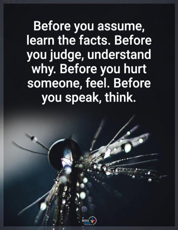 Before you assume, learn the facts. Before you judge, understand why. Before you hurt someone, feel. Before you speak, think.