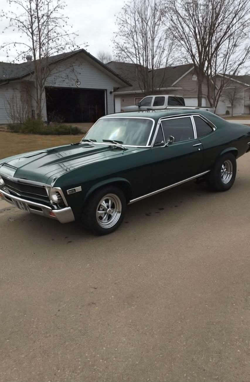 Green vintage muscle car parked on a suburban street. Classic styling with chrome accents and aftermarket wheels, houses and bare trees in the background.