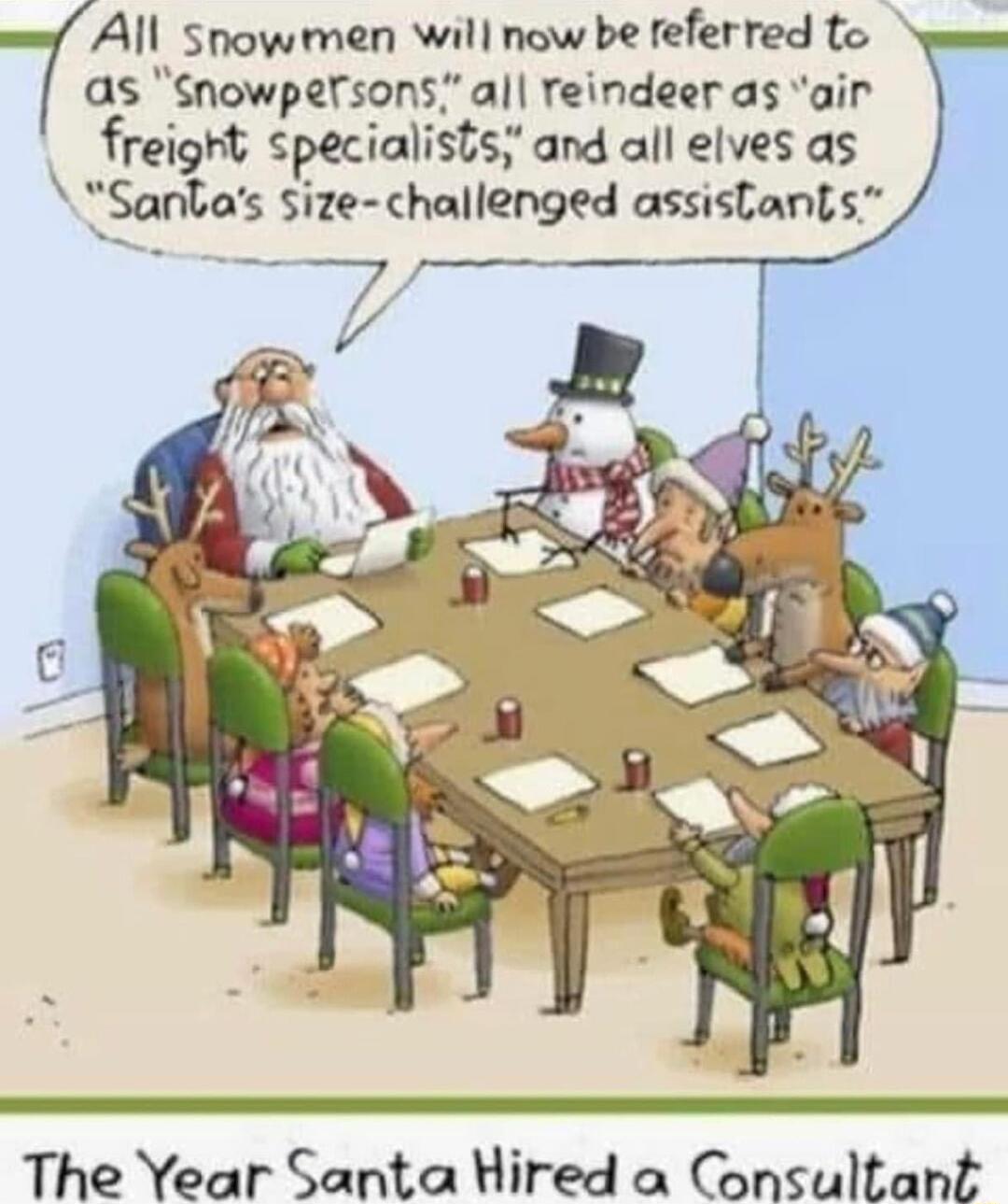All snowmen will now be feferred to as Snowpersons all reindeer as air freight specialists and all elves as A Sanlas size challenged assistants 7 The Year Santa Hired a Consultant