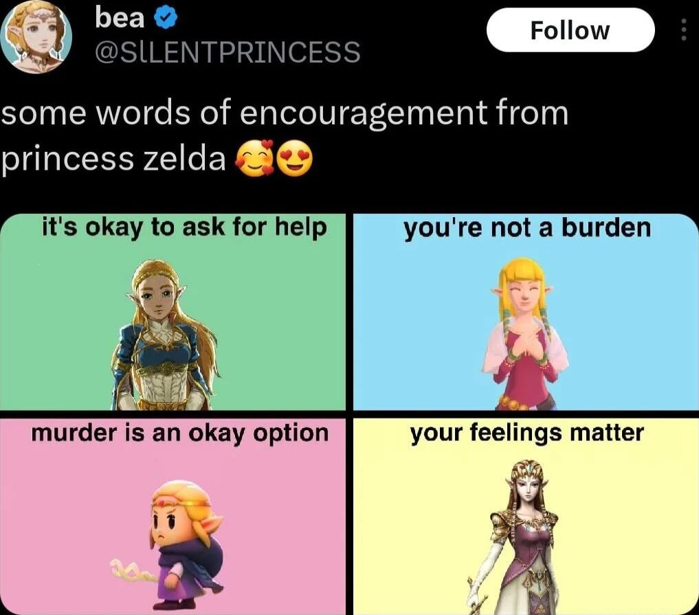 some words of encouragement from princess zelda youre not a burden murder is an okay option your feelings matter