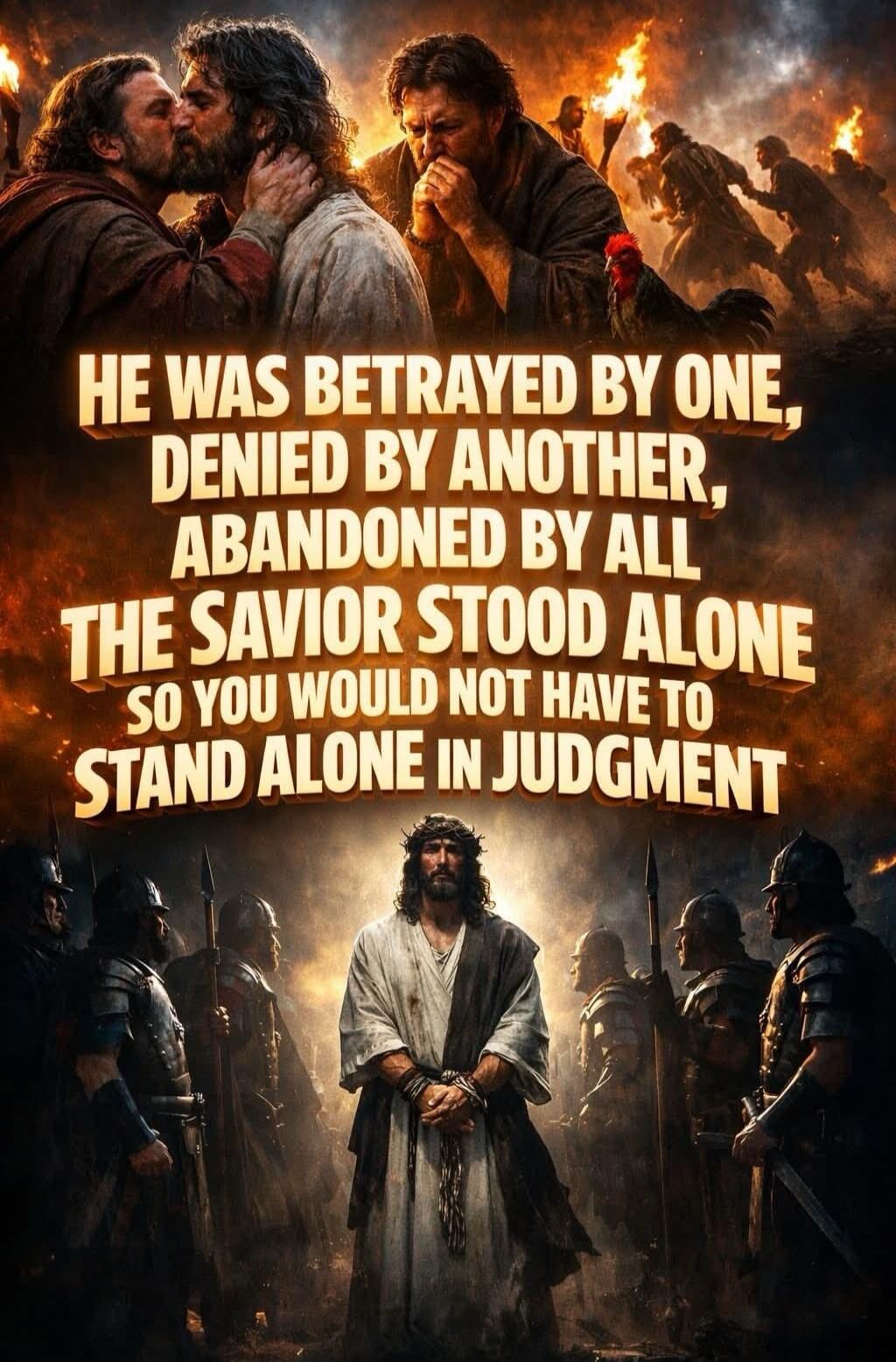 HE WAS BETRAYED BY ONE, DENIED BY ANOTHER, ABANDONED BY ALL THE SAVIOR STOOD ALONE SO YOU WOULD NOT HAVE TO STAND ALONE IN JUDGMENT