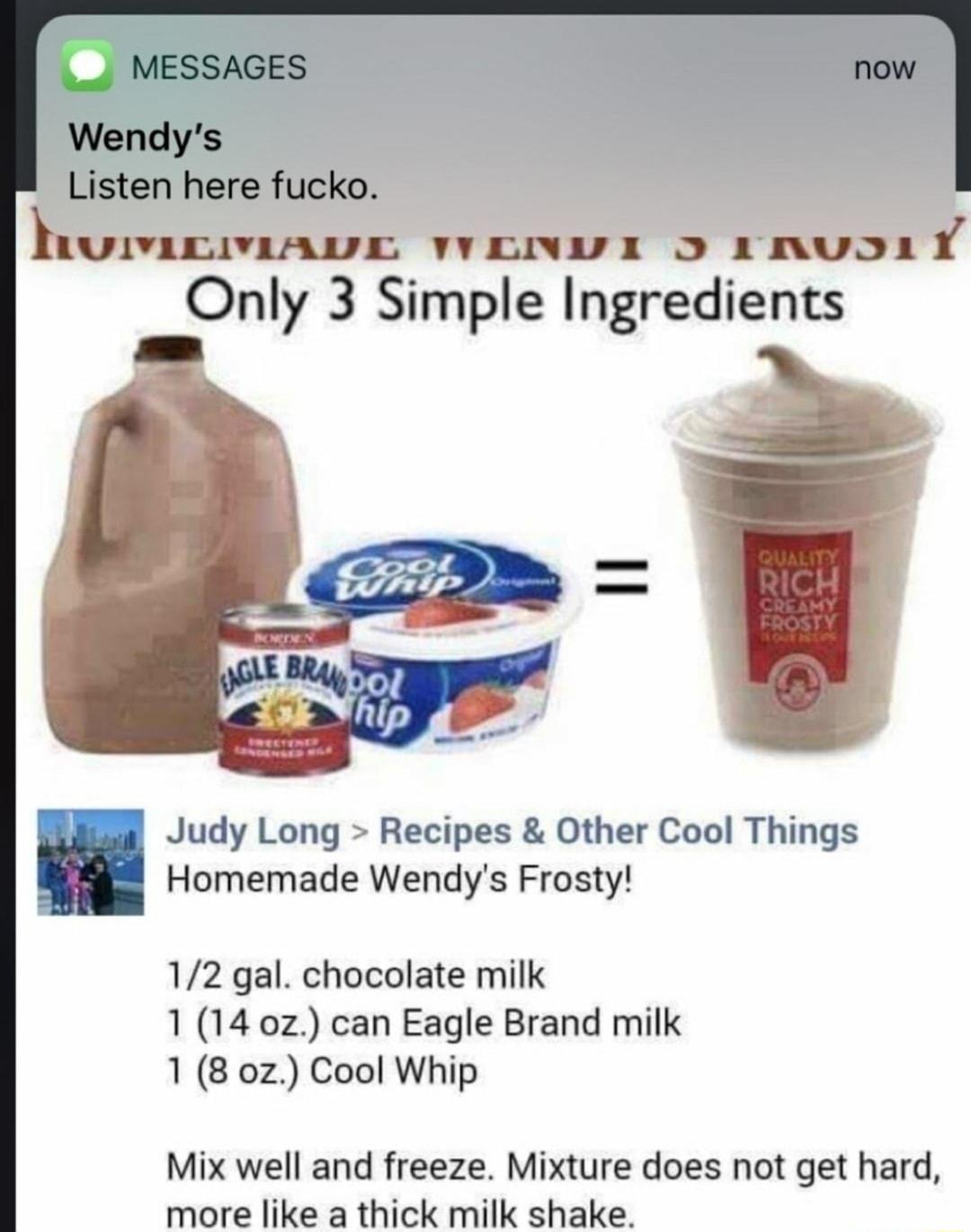 MESSAGES Wendys Listen here fucko unvuuunun ywoenwr O inuoa Y Only 3 Simple Ingredients Judy Long Recipes Other Cool Things m Homemade Wendys Frosty 12 gal chocolate milk 1 14 oz can Eagle Brand milk 1 8 0z Cool Whip Mix well and freeze Mixture does not get hard more like a thick milk shake