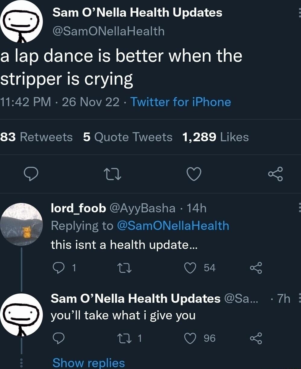 Sam ONella Health Updates SETNONEIEEENG a lap dance is better when the stripper is crying 1142 PM 26 Nov 22 Twitter for iPhone 83 Retweets 5 Quote Tweets 1289 Likes 0 V lord_foob AyyBasha 14h Replying to SamONellaHealth this isnt a health update Q1 Q Q s4 LT RO ER L EETL RV B CENGE R youll take what i give you 9 2 Q 96 3 Showreplies