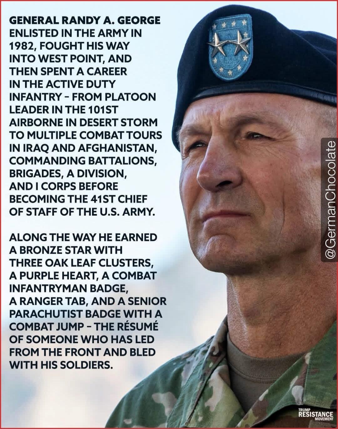 General Randy A. George enlisted in the Army in 1982, fought his way into West Point, and then spent a career in the active duty infantry - from platoon leader in the 101st Airborne in Desert Storm to multiple combat tours in Iraq and Afghanistan, commanding battalions, brigades, a division, and I Corps before becoming the 41st Chief of Staff of th