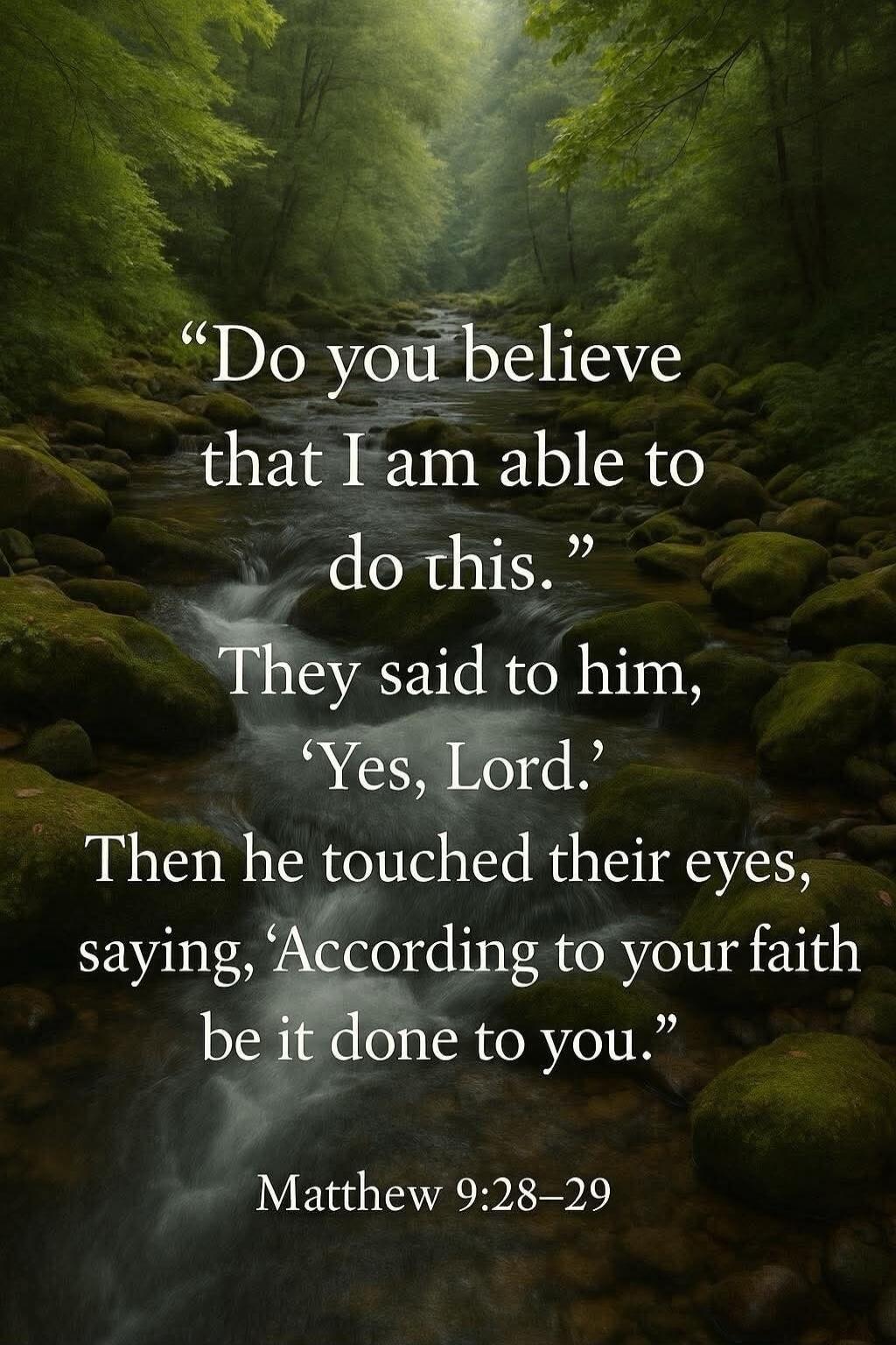 “Do you believe that I am able to do this.”
They said to him, ‘Yes, Lord.’
Then he touched their eyes, saying, ‘According to your faith be it done to you.’
Matthew 9:28-29