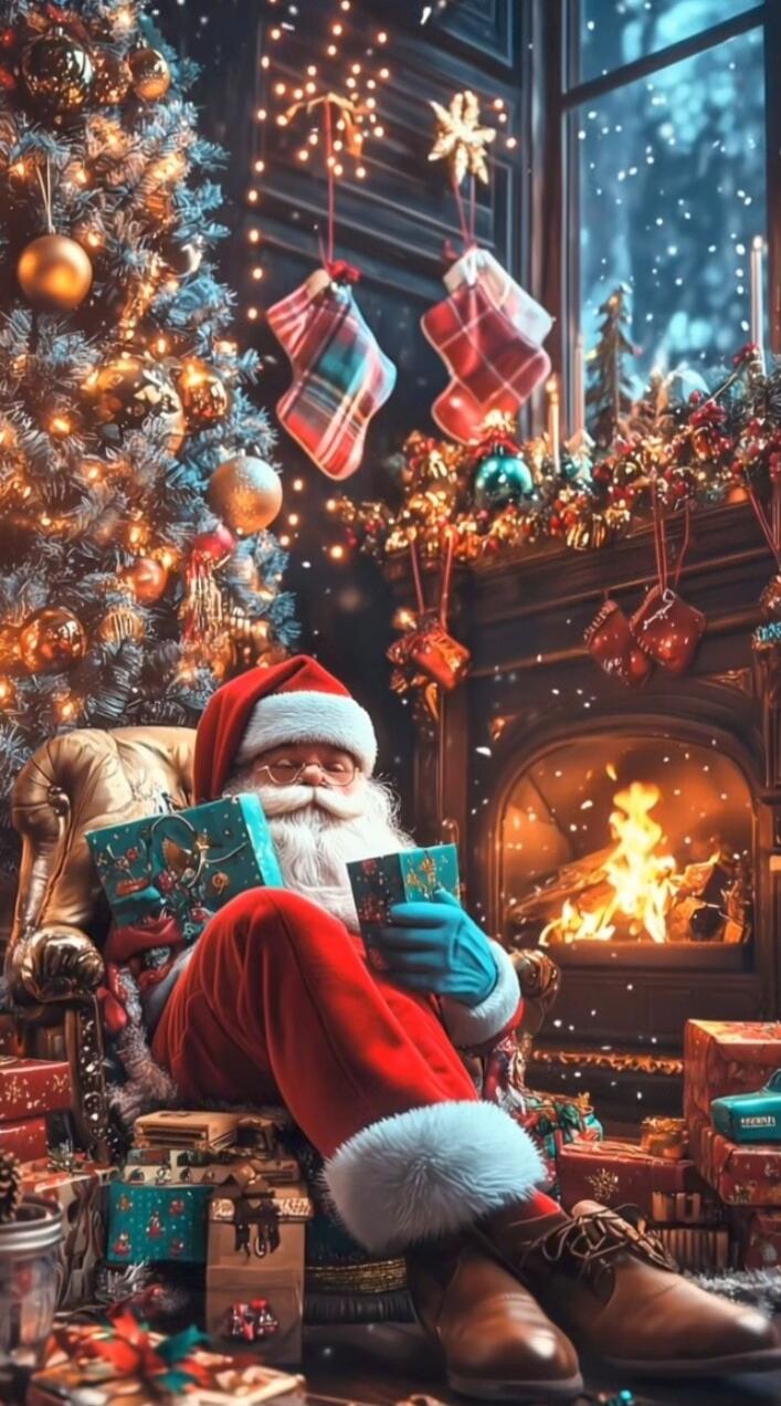 Santa Claus sitting by a Christmas fireplace with gifts.