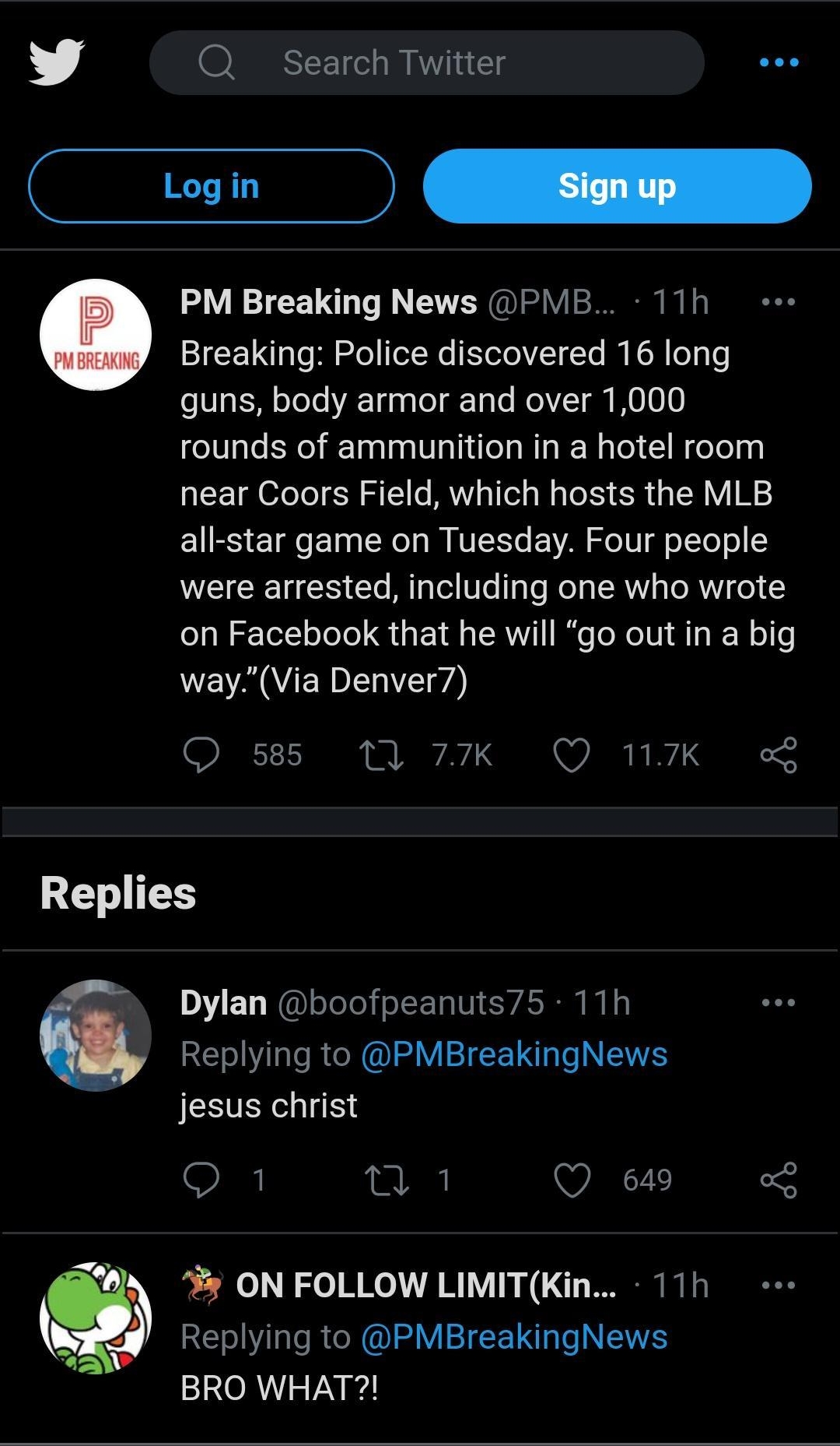 L 4 Q Search Twitter coe PM Breaking News PMB 11h Breaking Police discovered 16 long o N g oTeTe A T4 pa ol dTa e MoZST Mo L0 0 rounds of ammunition in a hotel room near Coors Field which hosts the MLB all star game on Tuesday Four people WEICE R e Mg Tel 8Te TaTe Mo a 1SR s TeRWYi o ol arTelToToTo o 18 o SR 1 Ie To eIV I A1 s W o 6 WEVAVEDELE O 585 11 77k Q 117K Replies Y EV NoTele fo S Tal0 1 WA