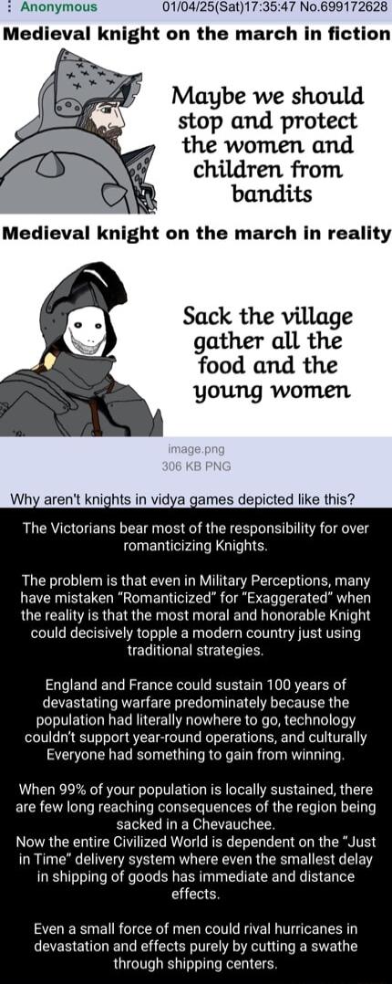 Anonymous 010425Sat173547 No699172628 Medieval knight on the march in fiction stop and protect the women and children from Sack the village gather all the food and the young women Why arent knights in vidya games depicted like this The Victorians bear most of the responsibility for over romanticizing Knights The problem is that even in Military Perceptions many have mistaken Romanticized for Exagg