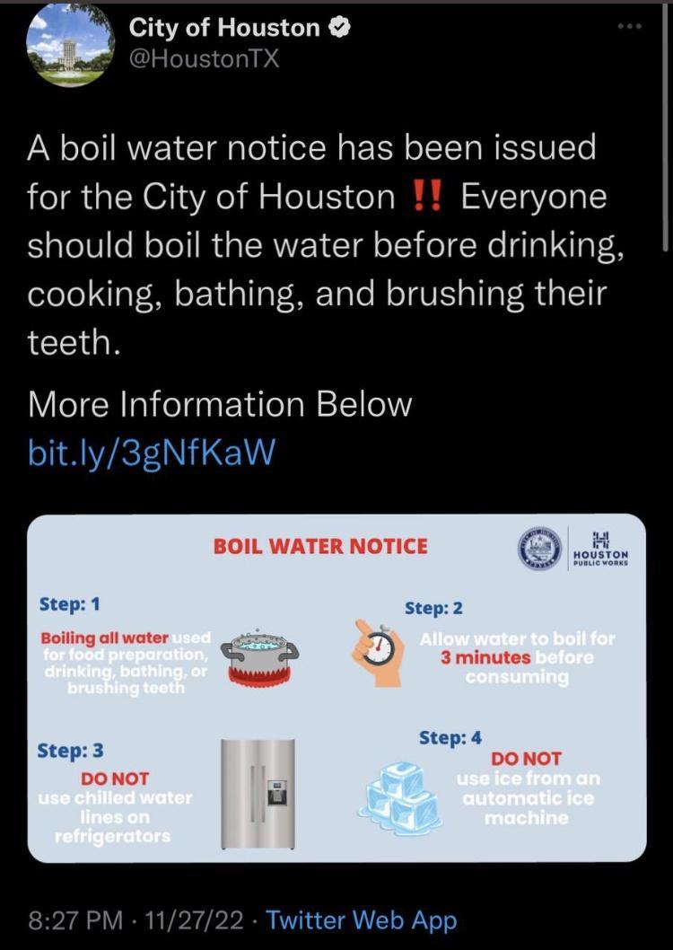 Q City of Houston A boil water notice has been issued for the City of Houston Everyone should boil the water before drinking lelel Ty T M T aF METale R TV s T R s CTg ICEIGR More Information Below bitly3gNfKawW BOIL WATER NOTICE Step 1 Step2 Boiling all water Mlowwster d 12 Twitter Web App