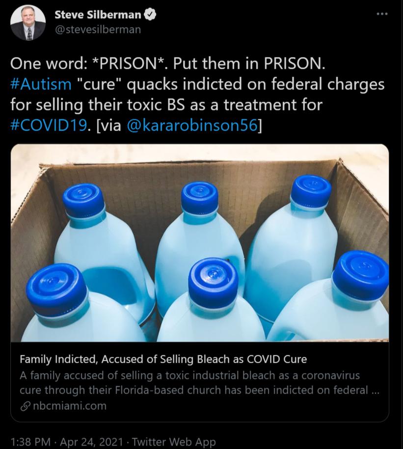 Steve Silberman O TRVoTYe Rl S N0l il V1 S 1 LT N W NG LTI EI e V Re VETo Sl T Te eldTe el o I Te T 1 el ETe I for selling their toxic BS as a treatment for COVID19 via kararobinson56 I TA L Te Ta CTe VYl VEL Te Wol N1 5 To i A F T R R V D X V